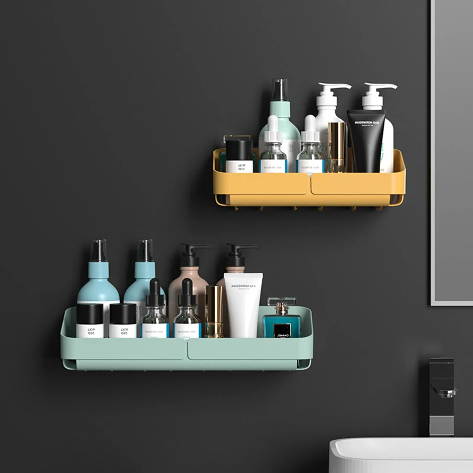 Estante práctico para baño y cocina, organizador de almacenamiento de maquillaje, estante para cosméticos y champú, estante de ducha, especias de pared sin perforación - imagen 4