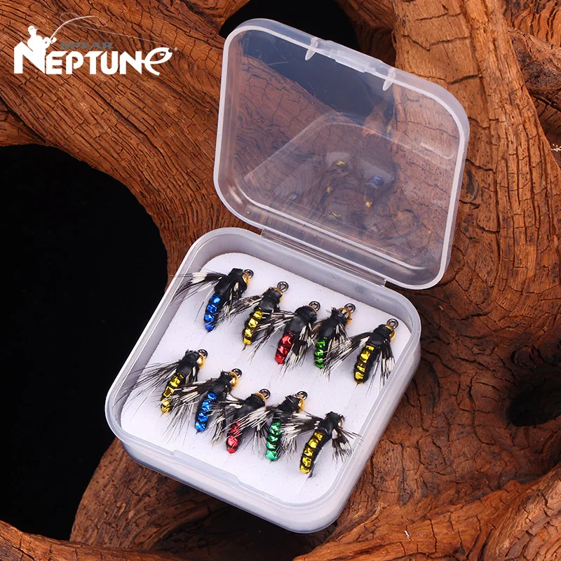 Nuevo 10 Uds. Señuelos de pesca con mosca húmeda que se hunden insectos artificiales gancho Mosquito Micro moscas cebo lubina trucha señuelos aparejos con caja