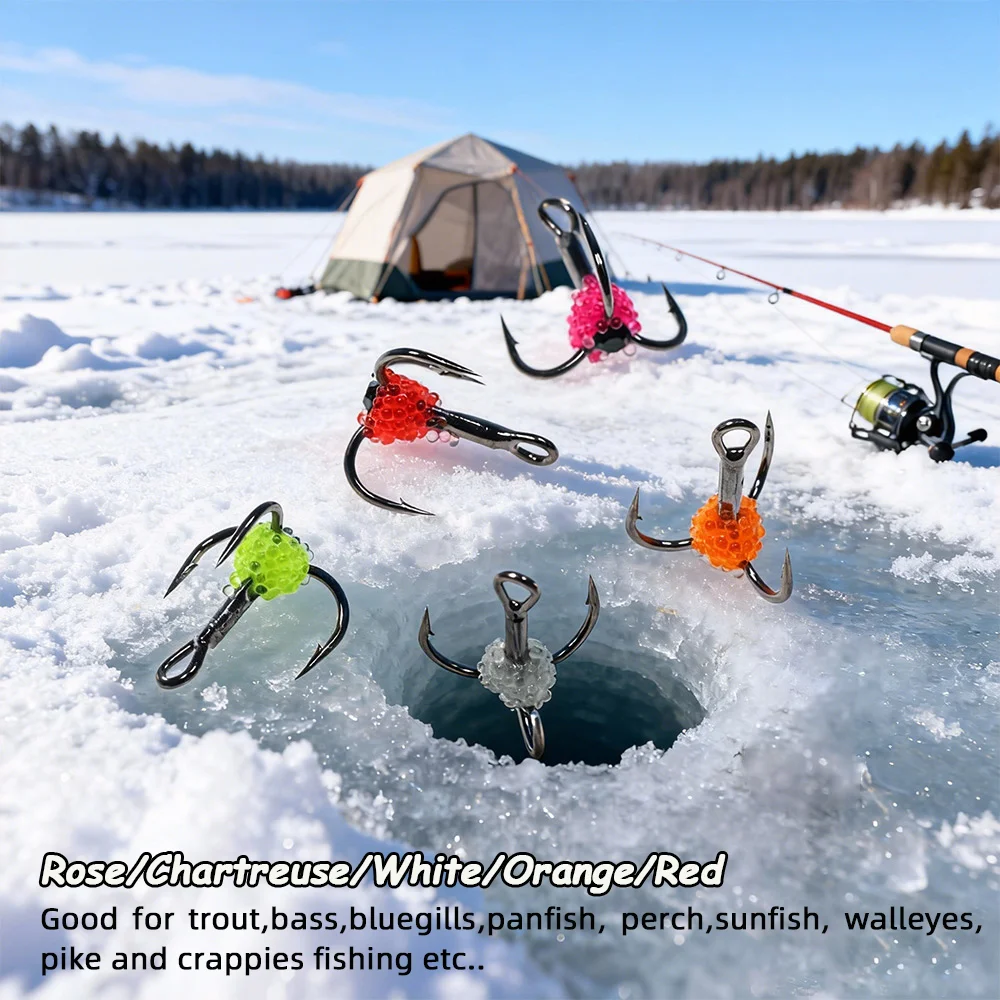 ICERIO 3 piezas/5 piezas # 8 # 10 # 12 # 14 anzuelos triples para Pesca en hielo, huevas de pescado UV realistas, Pesca de invierno, tipo de pez, lubina, Panfish, Señuelos de Pesca - imagen 5