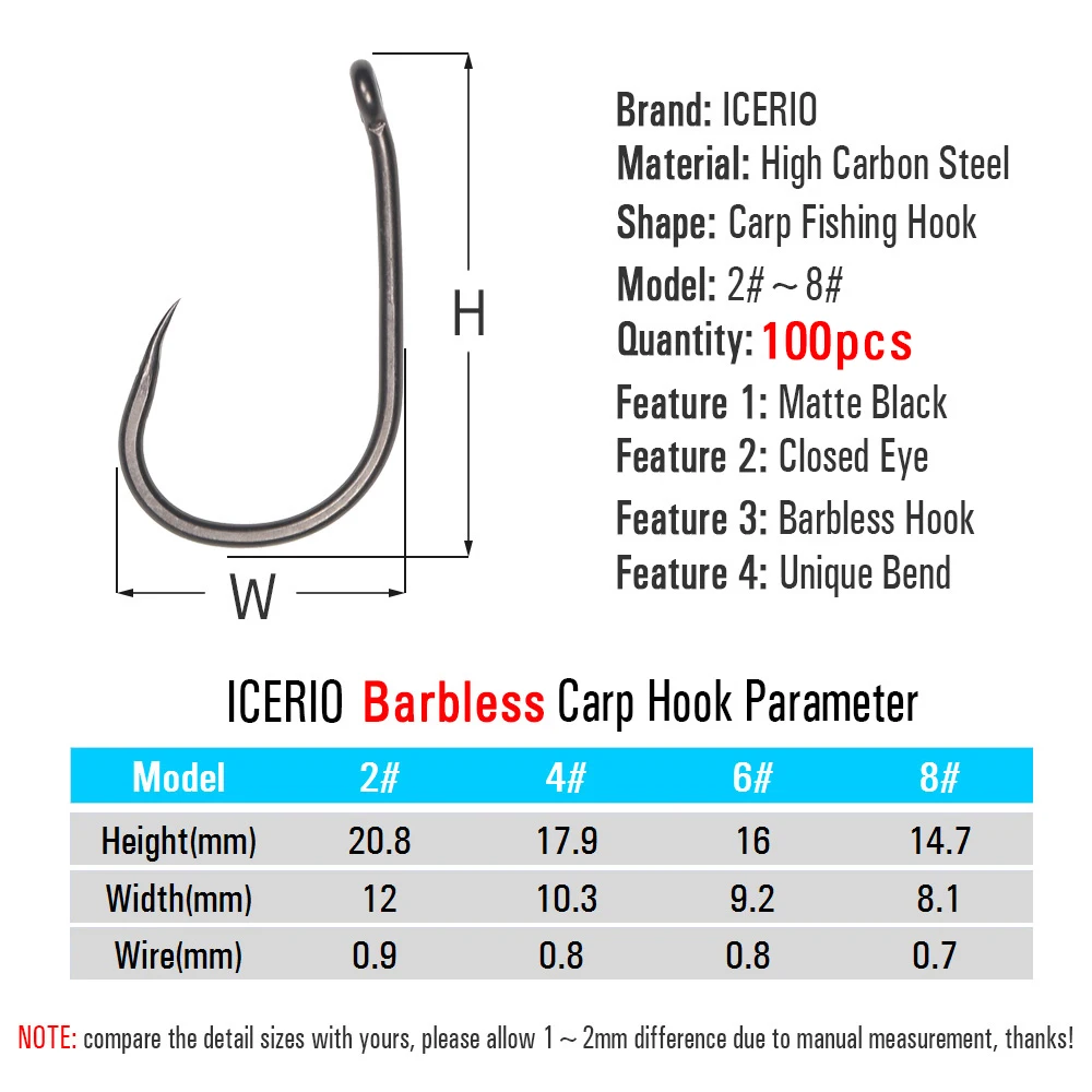 ICERIO 100 Uds. Anzuelo sin púas para pesca de carpa negro mate, ojo doblado, espacio ancho forjado, pelo de carpa fuerte/ganchos de aparejo Chod Zig sin púas - imagen 3