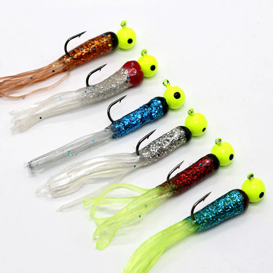 JYJ-Juego de Señuelos de Pesca de sílice, 50 piezas, 5cm, gusano de tubo suave con anzuelo de cabeza de plantilla de 3,5g, cebo de falda para lubina y perca - imagen 5