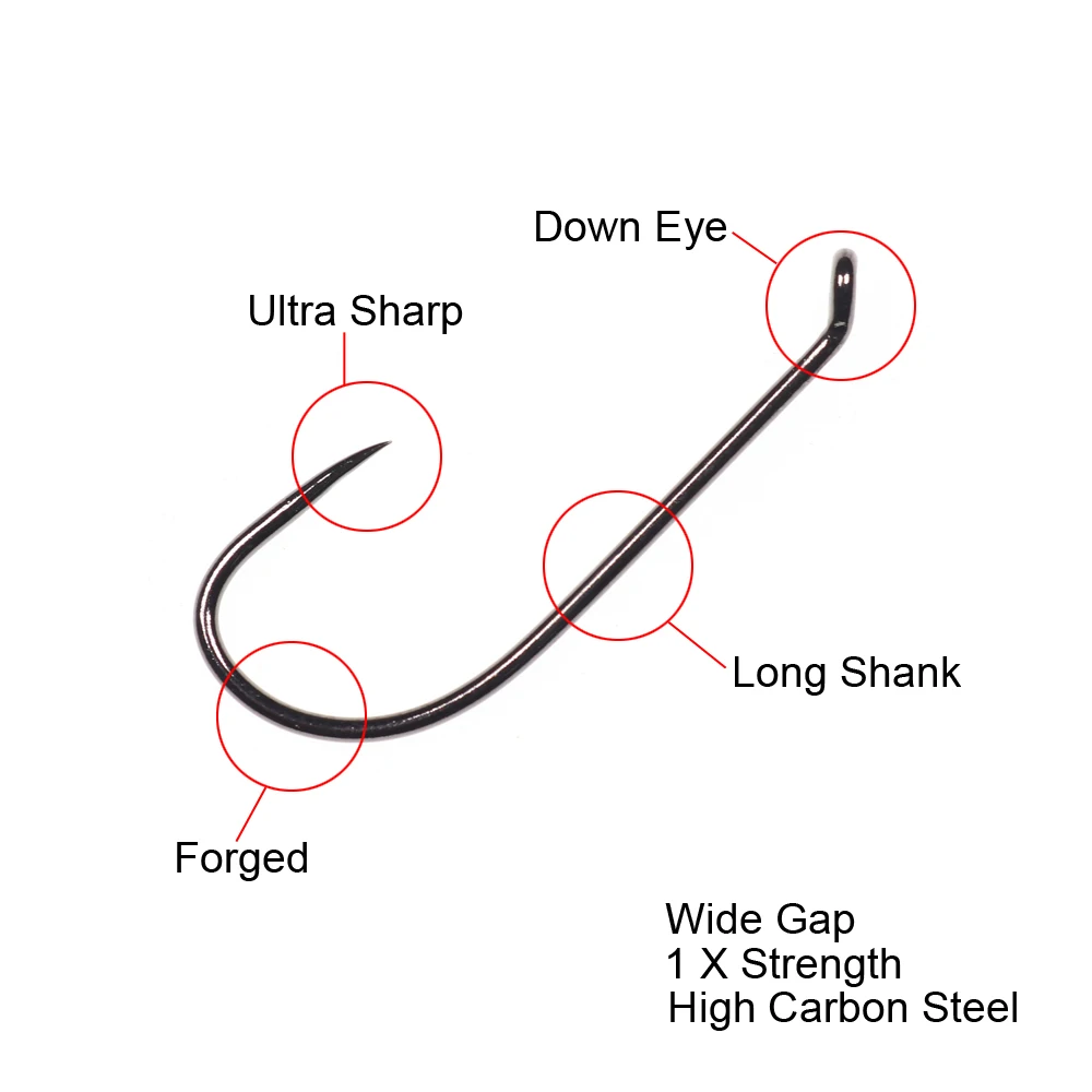 Este gancho de pesca de alta calidad presenta un diseño ultra afilado un vástago largo, una amplia brecha, y está hecho de acero alto en carbono.