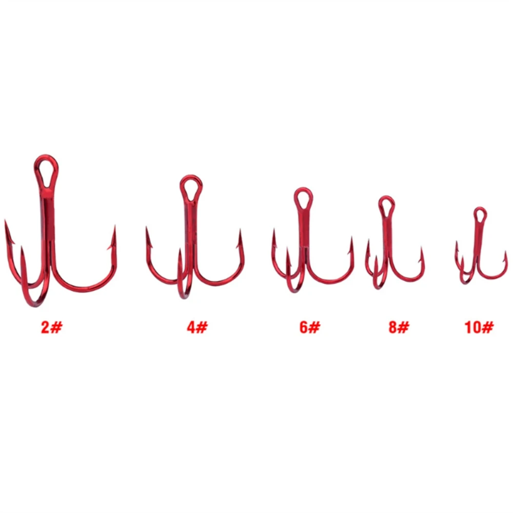 10 unids/lote 2 #   4 #   6 #   8 #   10 #   Anzuelo de pesca rojo, anzuelos triples de acero rico en carbono, aparejos de pesca, triples curvados redondos para lubina - imagen 3