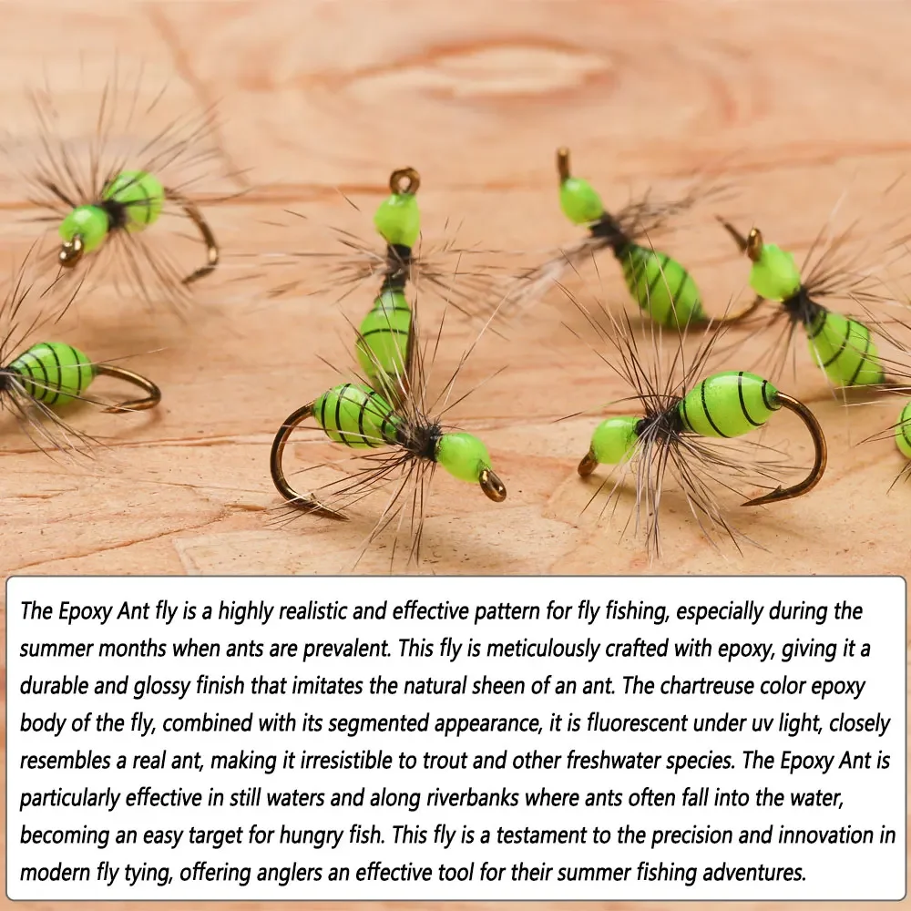 Bimoo 6PCS # 10~ # 16 Grizzly Hackle epoxi hormiga mosca fluorescente ninfas mosca seca mosca terrestre para señuelos de pesca de trucha - imagen 5