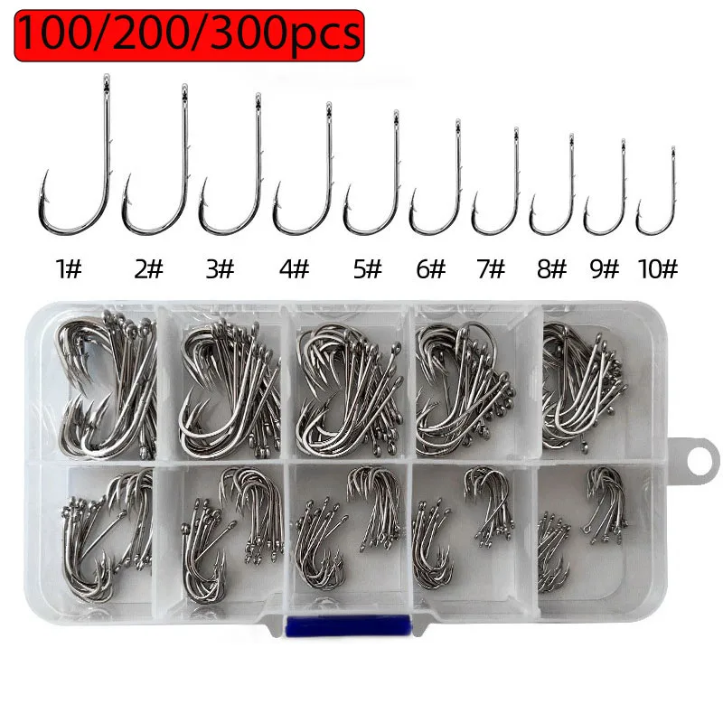 100/200/30 unids/caja anzuelo de pescado de pico torcido doble backspinal mango de vástago largo anzuelo de pesca con púas anzuelos de acero rico en carbono - imagen 2