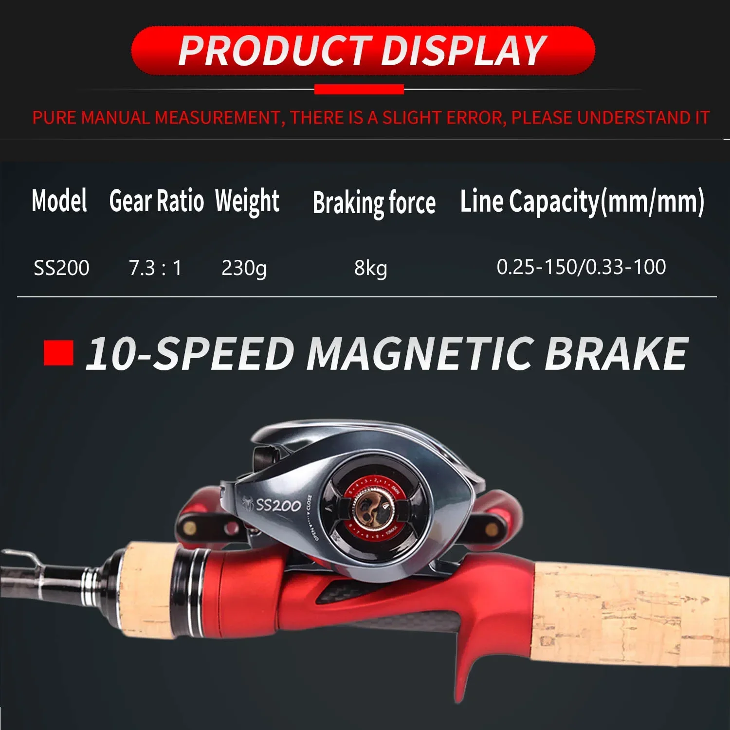 JOSBY-carrete de Baitcasting para mano izquierda y derecha, arrastre máximo de 8KG, relación de engranaje SS200, 7,3: 1, rueda de fundición de agua dulce y salada de alta velocidad - imagen 3