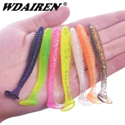 10 unids/lote gusano de silicona cebo suave 5cm 7cm carpa Artificial cola en T Swimbait señuelo de Pesca aparejos Craws Jig Wobblers Pesca