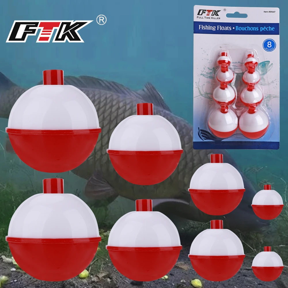 FTK-Juego de Bobbers de pesca, 8 Uds., tamaño mixto, 2-4,5 cm, flotadores de pesca ABS duros, Bobbers redondos, boya con botón pulsador, aparejos de pesca