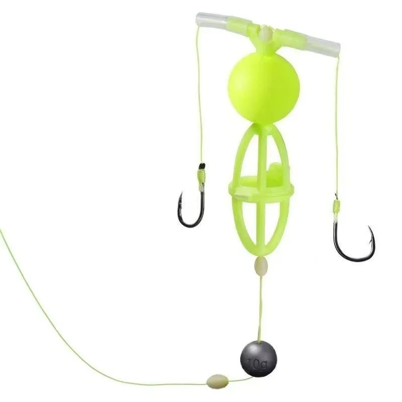 1 Juego de sedal de pesca de carpa mejorado con anzuelos dobles, jaula para cebo, flotador, sedal de pesca de plástico de alto índice verde, 2 anzuelos, herramientas de pesca - imagen 5