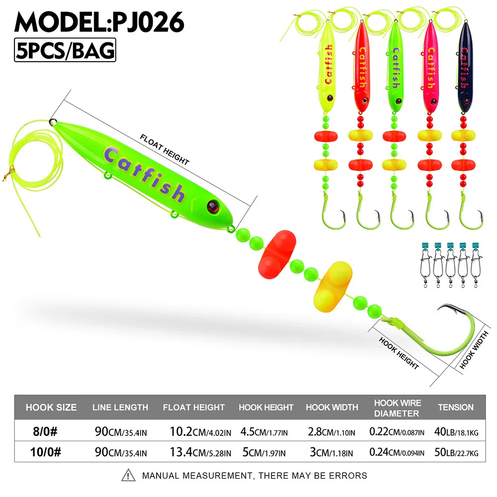 Plataforma de bagre con sonajero y ojos 3D, equipo de pesca Premium para bagre, anzuelos 8/0 10/0 para bagre en lago de agua dulce, 5 uds. - imagen 2