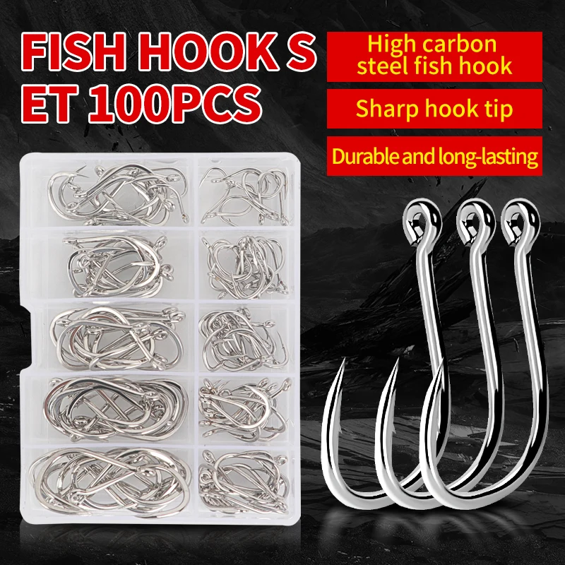 Juego de anzuelos de pesca, caja de 100 Uds., serie 10, anzuelo de pesca de un solo círculo de acero rico en carbono, pesca con mosca, anzuelos de carpa con púas Jip - imagen 2