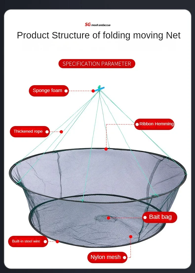 Jaula de pesca plegable abierta, jaula de camarones, red de elevación, red móvil, red de pesca - imagen 2