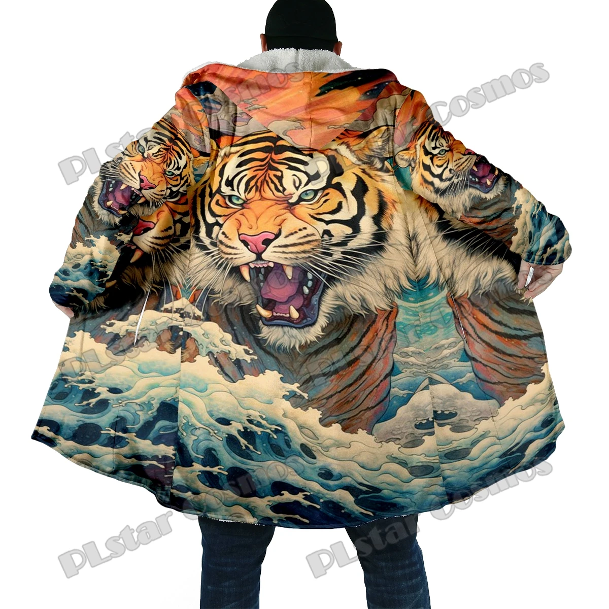 Capa de moda de invierno para hombre, capa con capucha de lana gruesa con estampado 3D de tigre Animal, capa cálida informal Unisex DP44 - imagen 3