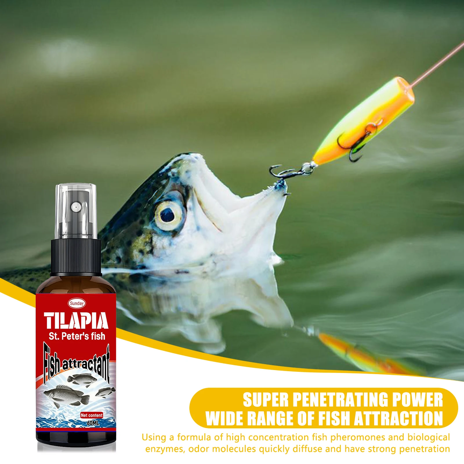 Cebo de pesca líquido de 60ml, atrayente de peces eficiente de aguas profundas para lubina, aditivo de pesca concentrado de cola de pelo de Lucio - imagen 5