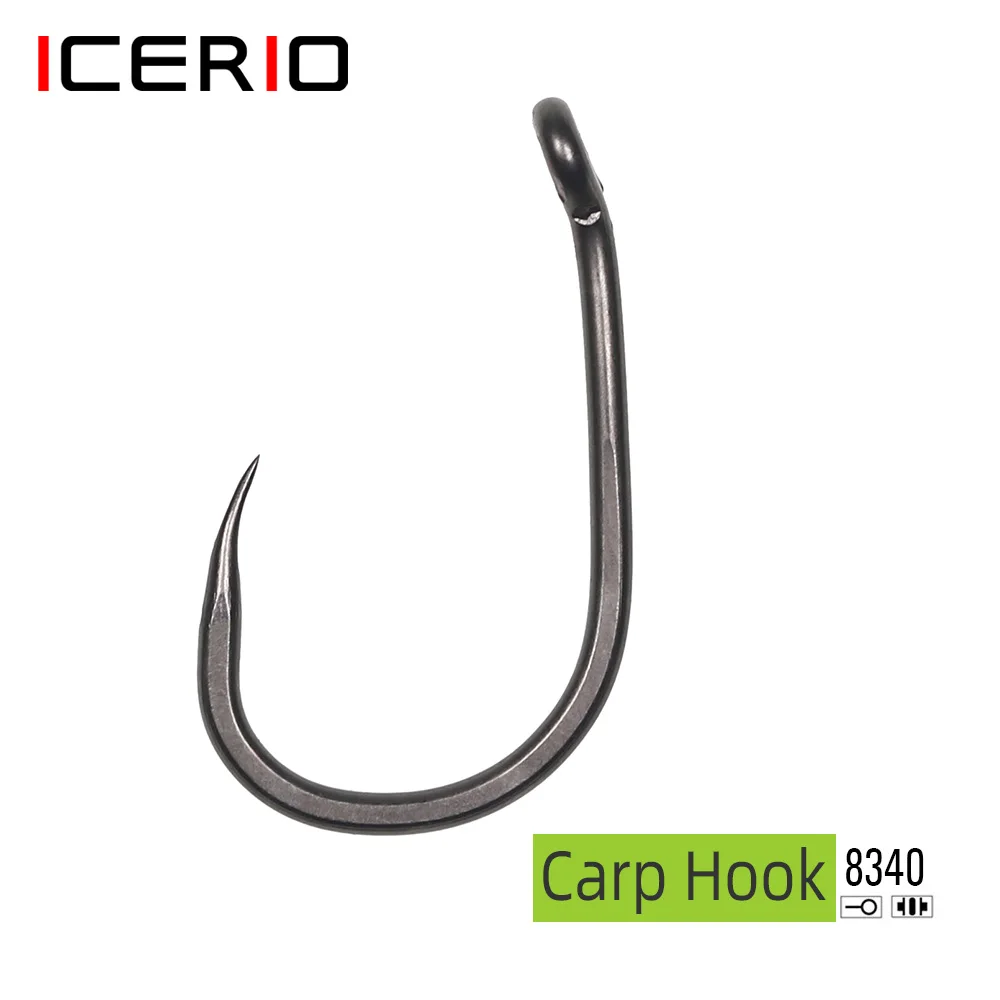 ICERIO 100 Uds. Anzuelo sin púas para pesca de carpa negro mate, ojo doblado, espacio ancho forjado, pelo de carpa fuerte/ganchos de aparejo Chod Zig sin púas