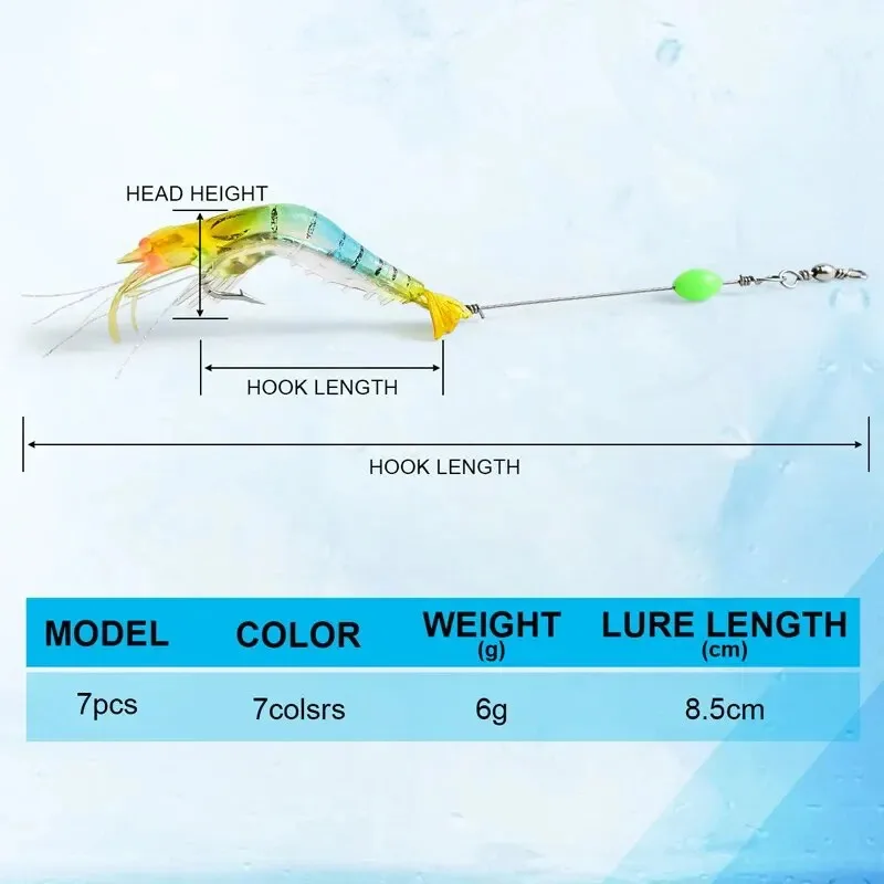 Señuelo de pesca suave para camarones, cebo Artificial con cuentas luminosas, gancho giratorio, señuelo de camarón realista, cebo de pesca de carpa, 7 Uds. - imagen 2