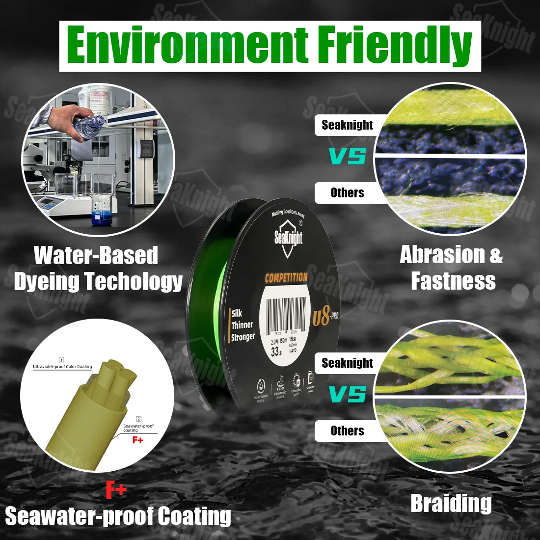 SeaKnight marca competición U8 Pro 8 hebras línea de pesca trenzada 150M súper fino 15-45LB recubierto F + revestimiento anti-UV a prueba de agua de mar - imagen 3