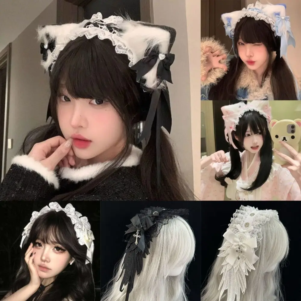 Nuevo Diadema con orejas de gato Lolita, diadema con lazo de encaje para la cabeza, tocado