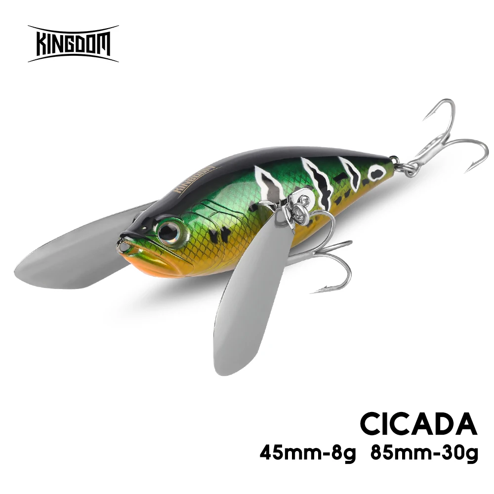 Kingdom Cicada Topwater señuelos 45mm 8g 85mm 30g insecto biónico flotante de agua salada con alas de Metal Wobblers duros para pesca de lubina - imagen 2