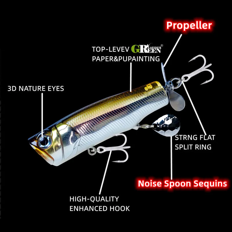 Señuelos de Pesca de agua, cebo Popper de 75mm y 13,5g con lentejuelas, cebo Artificial duro, aparejos de pesca de lubina de agua salada - imagen 4