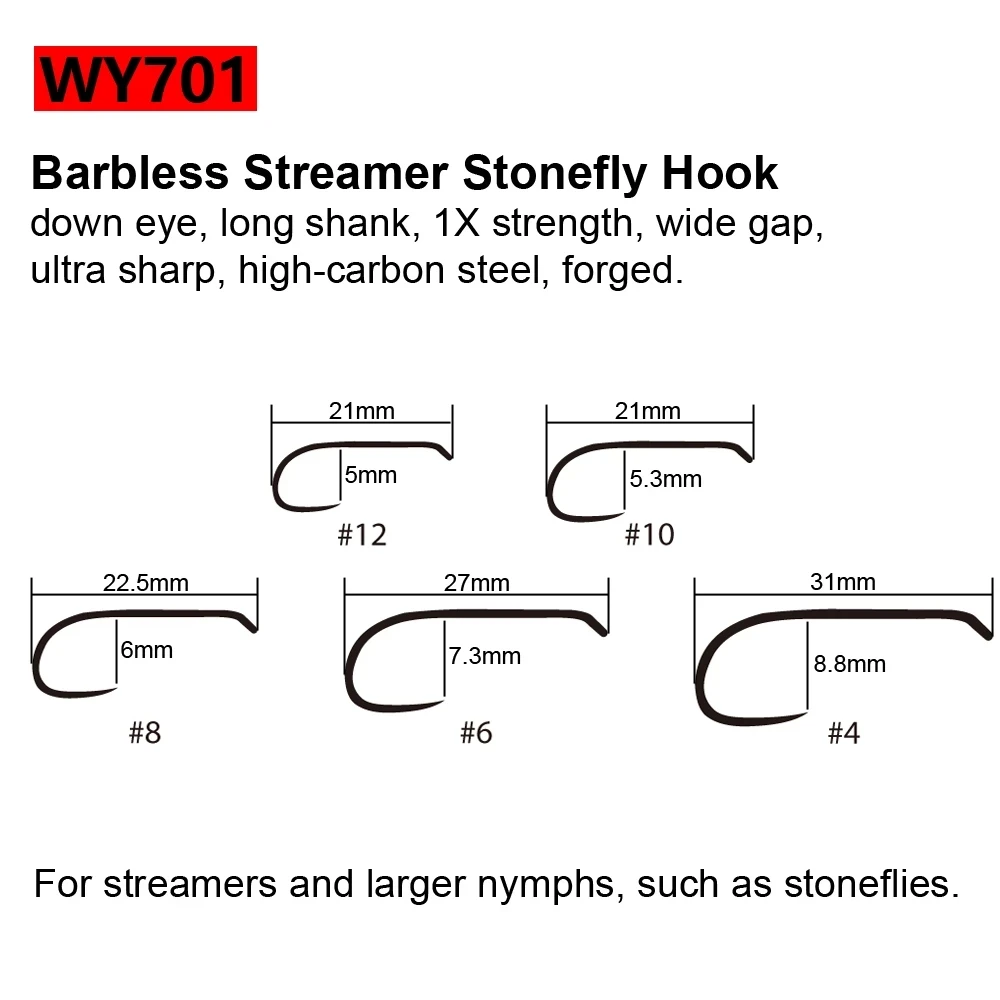 WIFREO 50 anzuelos de pesca con mosca de acero rico en carbono 8 # ~22 # Ganchos para atar moscas, Streamer Caddis Pupa, seco, húmedo, ninfa y camarones - imagen 5