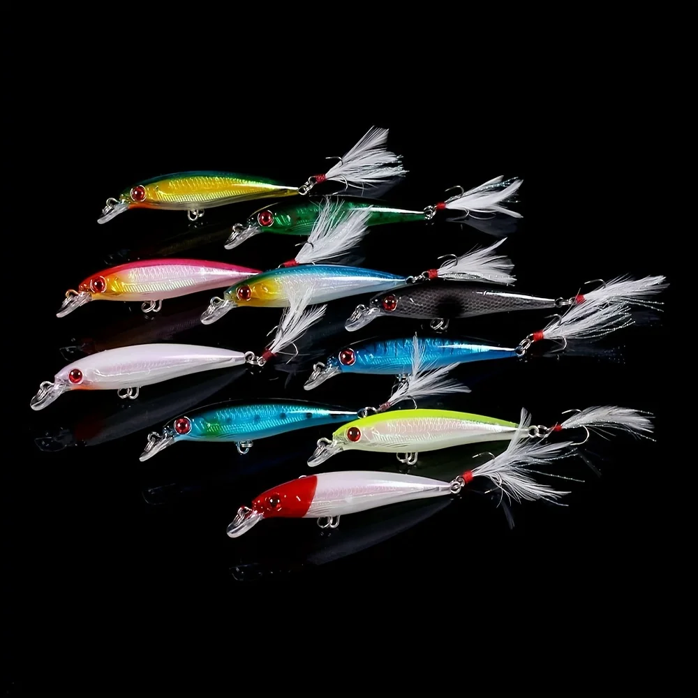Juego de Señuelos de Pesca Larser Minnow, 10 Uds., captura de lubina más rápida con anzuelo de plumas, cebo Artificial Crankbait 9cm/7g - imagen 4
