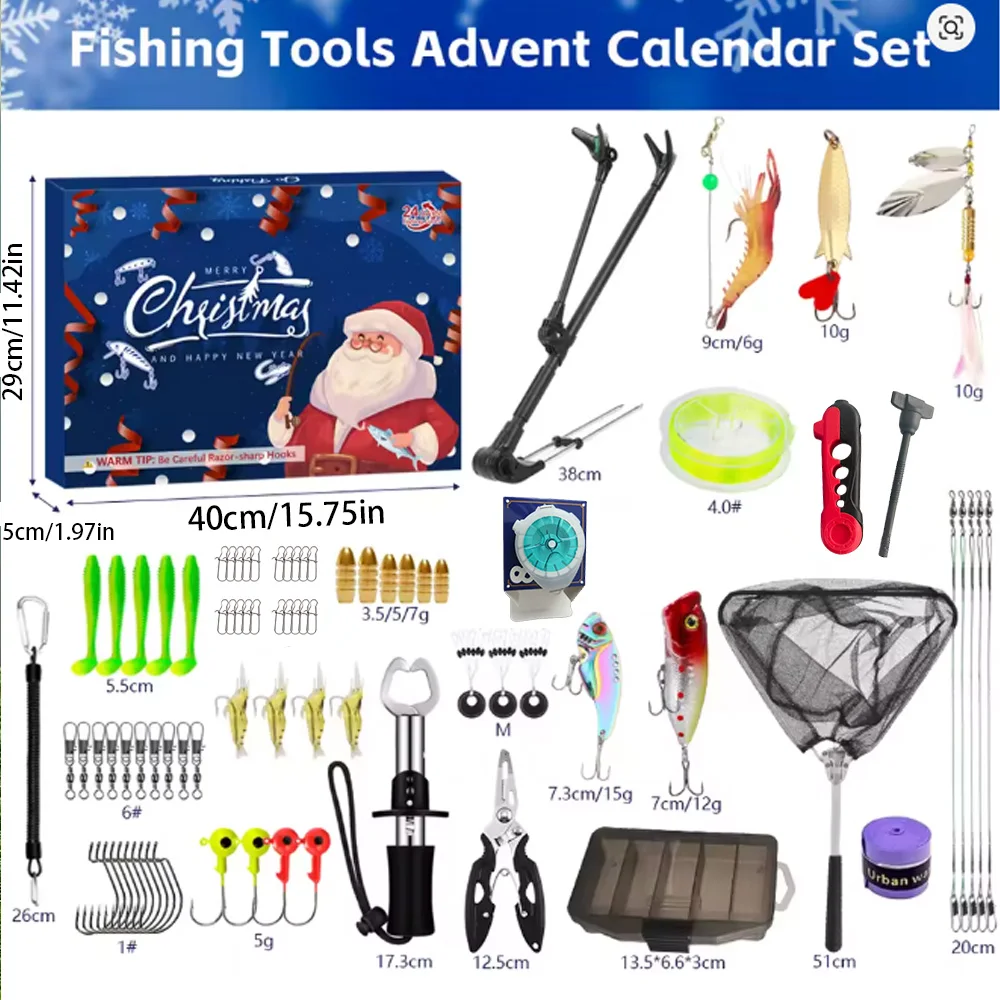 JSFUN-Juego de Señuelos de Pesca, 24 Uds., Combo completo, soporte para caña de pescar, red, señuelos duros suaves, anzuelos de cebos de Metal, caja de aparejos de pesca de regalo