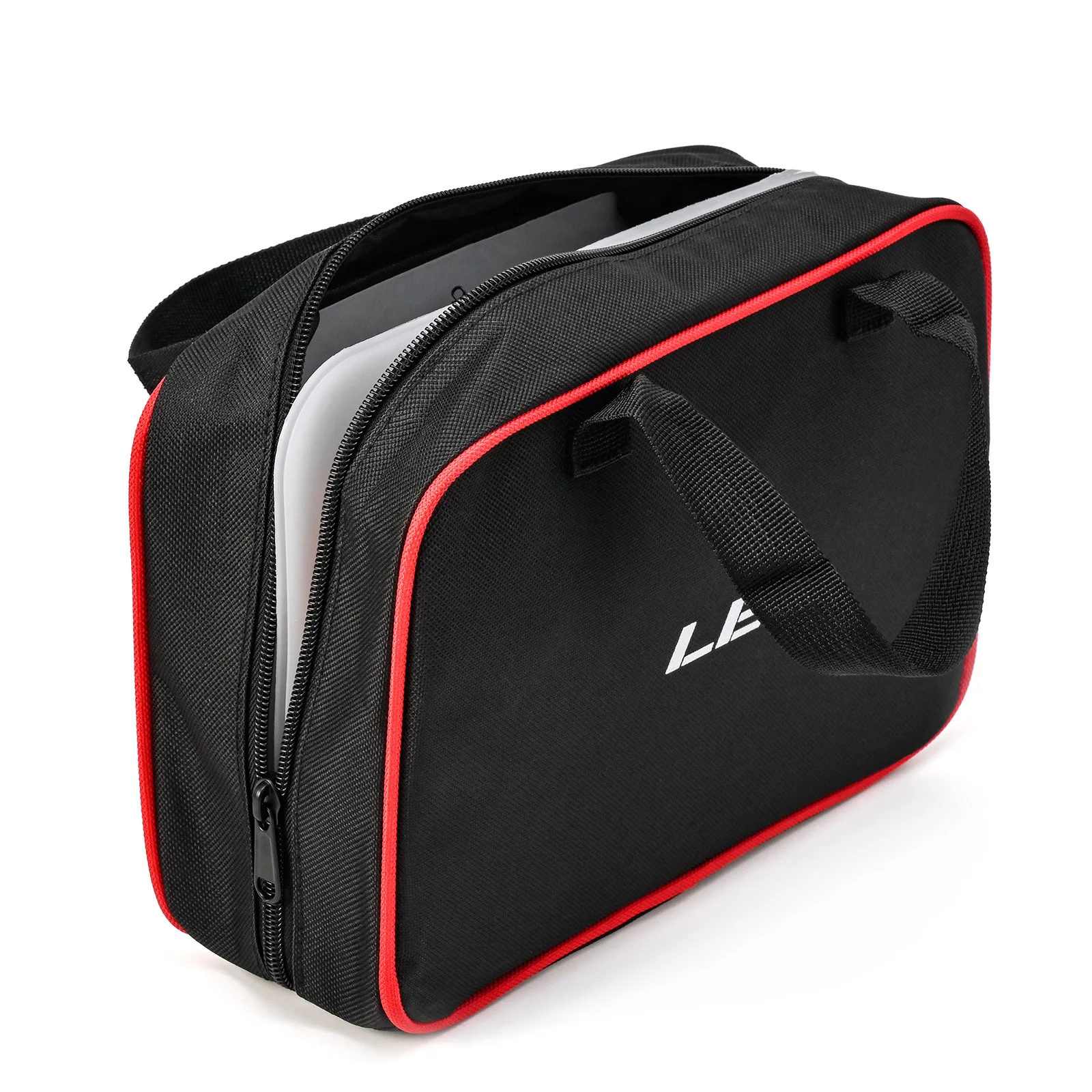 Este elegante estuche de transporte negro y rojo es perfecto para organizar y transportar sus elementos esenciales