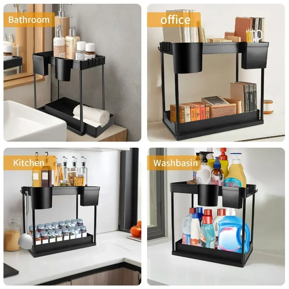 Organizador de cocina de almacenamiento debajo del fregadero de 2 niveles, estante deslizante debajo del fregadero, organización multiusos, cesta deslizante inferior - imagen 4