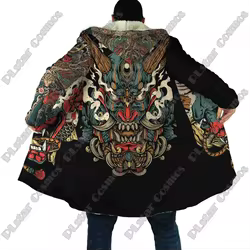 Capa de moda de invierno para hombre, máscara de Samurai Oni, tatuaje, estampado 3D, capa con capucha de lana gruesa, capa cálida informal Unisex DP08 2024