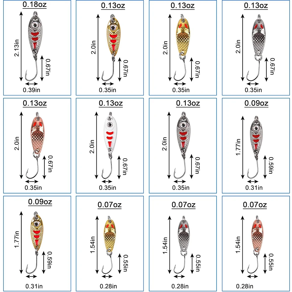 12 Uds. Kit de señuelo cuchara para pesca de trucha, señuelos para trucha de un solo gancho, cebos de Metal duro, Mini plantilla de pesca, señuelos tipo cuchara para perca y tipo de pez - imagen 4