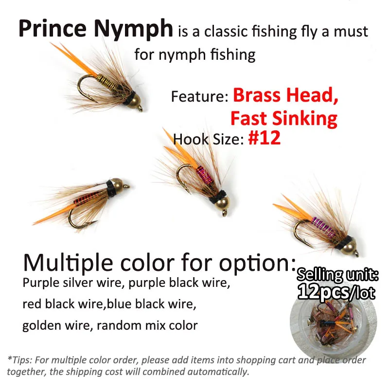 Wifreo 12pcs 12# Fast Sinking Brass Bead Head Prince Nymph Trout Fishing Flies Nymph Stonefly Caddis Fly - imagen 3