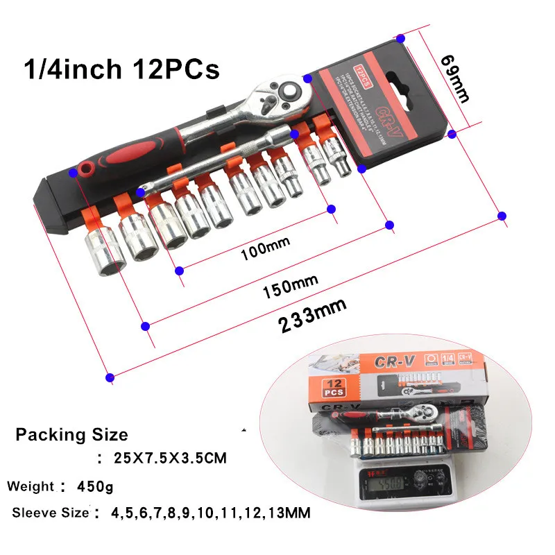 12 unids/set 1/4 pulgadas 3/8 pulgadas 1/2 pulgadas juego de llaves de tubo de trinquete juego de llaves de varilla de extensión llave herramienta manual de reparación de motocicletas y coches - imagen 4