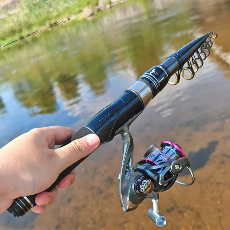 Caña de pescar telescópica de fibra de carbono de 1,5-2,4 M, Combo de caña de alimentación de viaje y carrete giratorio, relación de engranaje 5,2: 1 para todas las aguas - imagen 5