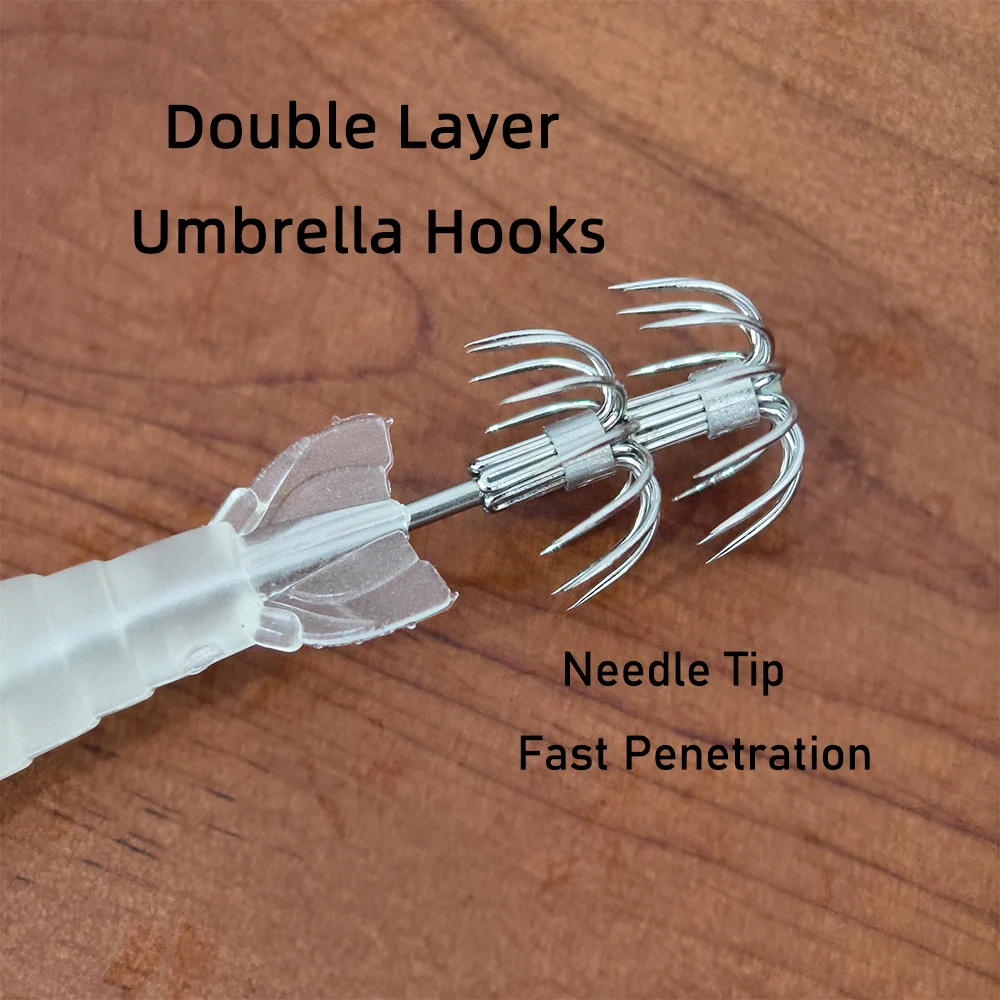 Ellllv, 1 unidad, 10cm, 9,5g, señuelo de camarón suave, anzuelo de calamar, anzuelos de doble paraguas, pesca en agua salada, cebo de pulpo Artificial luminoso - imagen 5