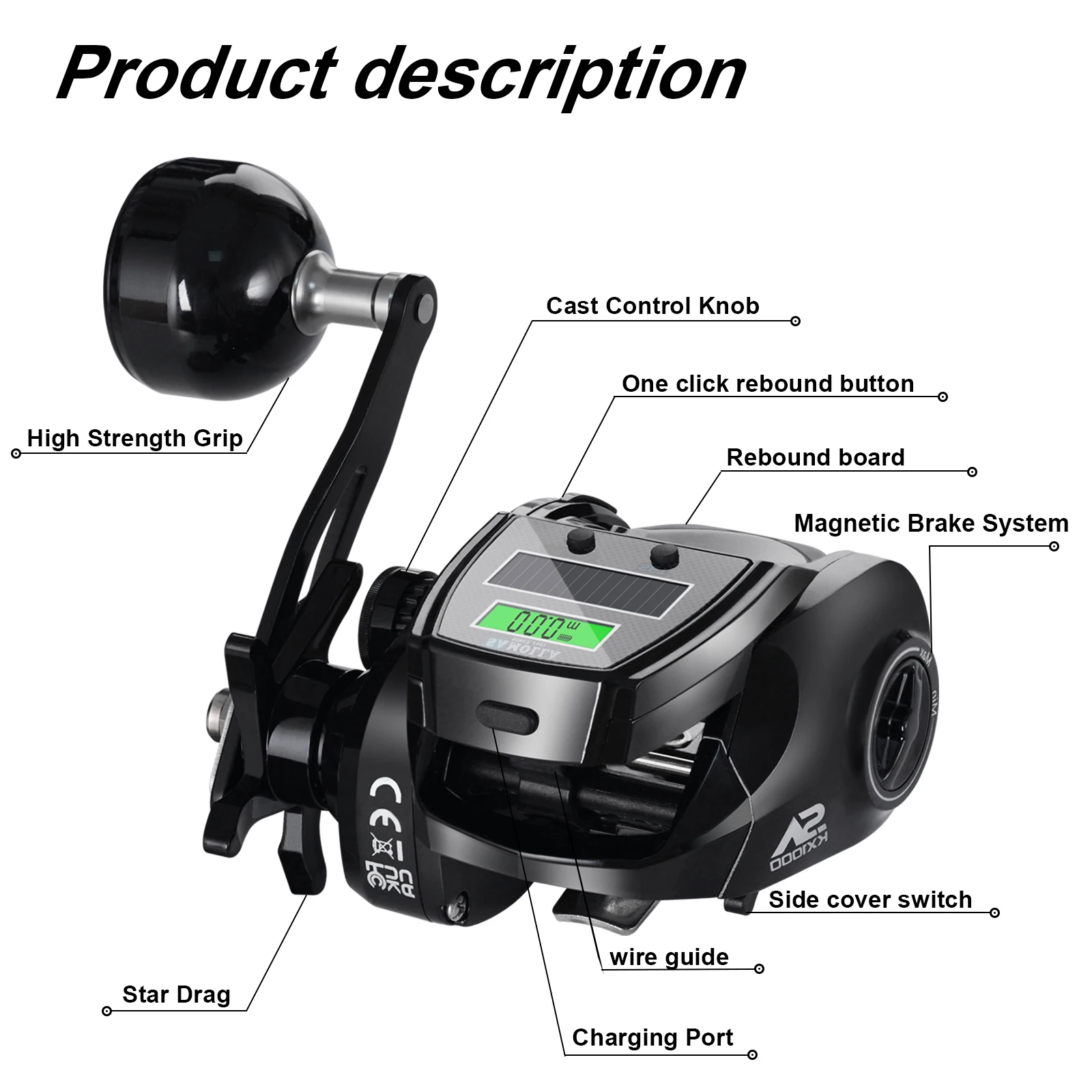 Nueva rueda de pesca electrónica de gran tamaño, relación de velocidad 6,4:1, resistencia de 16KG, carga Solar + USB, rueda de pesca duradera resistente al agua - imagen 4