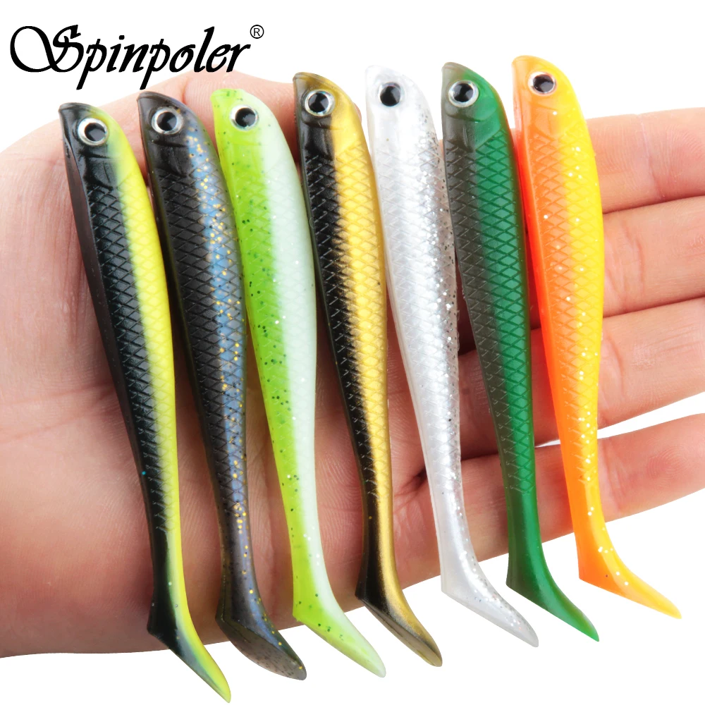 Spinpoler 5,5 cm 8cm 9,5 cm cola de paleta Minnow Shad señuelo suave cebo de natación silicona forma de pez falso cuerpo 3D ojo aparejo Jighead aparejos
