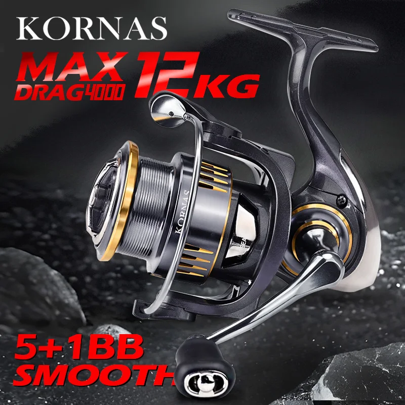 MEREKING serie KORNAS rodamiento suave y sin óxido 5 + 1 rodamientos 5,2: 1 relación de engranaje 12kg bobina de pesca de rueda giratoria de arrastre máximo