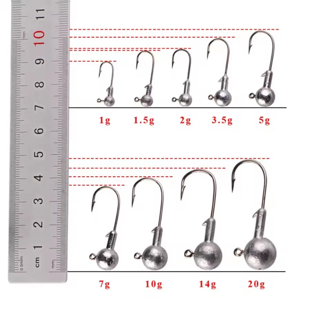 50/40/30/20 unids/lote anzuelo de pesca con cabeza de anzuelo de Metal 1g 1,5g 2g 3,5g 5g 7g 10g 20g anzuelos de Jigging para anzuelos de acero al carbono con señuelo suave - imagen 4