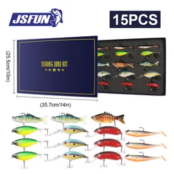 JSFUN-Juego de Señuelos de Pesca, 15 Uds., Combo completo, señuelos duros suaves, anzuelos de cebos de Metal, conjunto con caja de regalo para amantes de la pesca