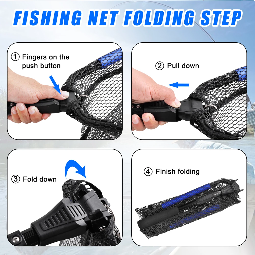 Red de pesca flotante plegable, Red de aterrizaje para Kayak, Mosca, lubina, trucha, mango telescópico con recubrimiento de goma - imagen 3