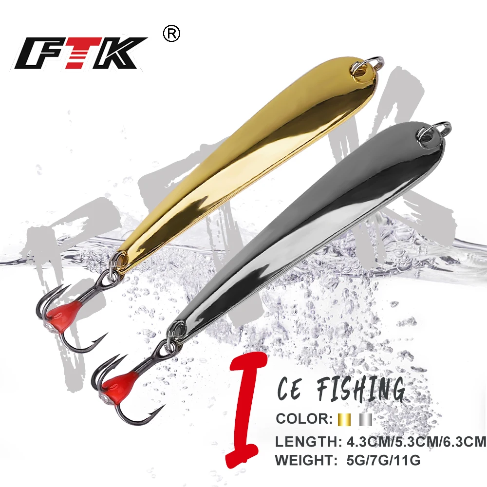 FTK-señuelo de pesca en hielo con cuchara, 5g/7g/11g, 43mm/53mm/63mm, 1 Uds., cebo de pesca de aluminio metálico, Spinner, anzuelo triple, señuelos duros