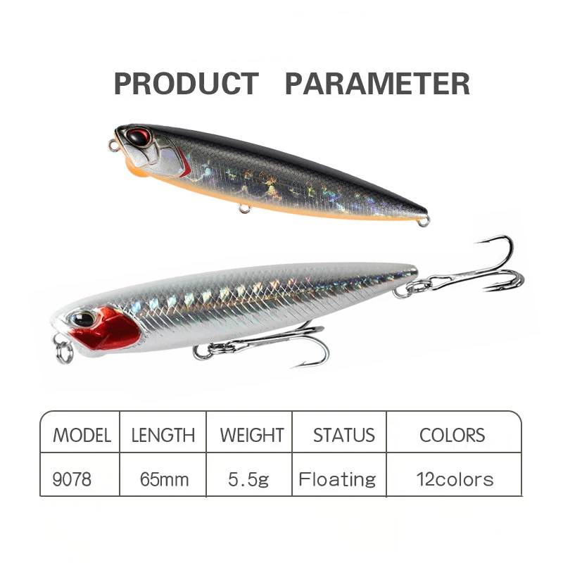 Lápiz Topwater Señuelos de Pesca superficie flotante Stickbait Wobblers cebos para caminar 65mm 5,5g Mini cebo duro flotante Accesorios - imagen 4