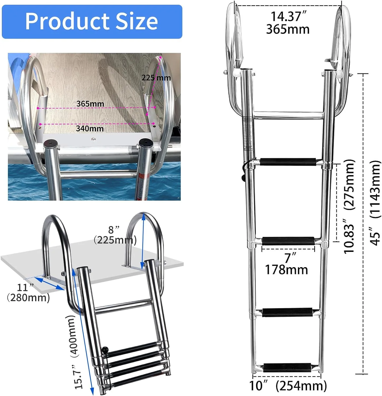 Escalera plegable de acero inoxidable para barco Pontón, accesorio telescópico para entrada trasera, resistente, personalizado, 4 escalones - imagen 3