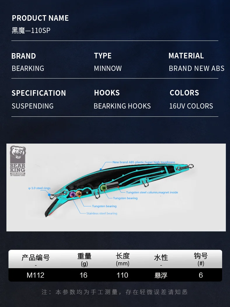 BEARKING 110mm 16g aparejos de pesca calientes A + sistema de tungsteno Señuelos de pesca cebo de pececillo cebo suspendido 16 colores para elegir - imagen 3