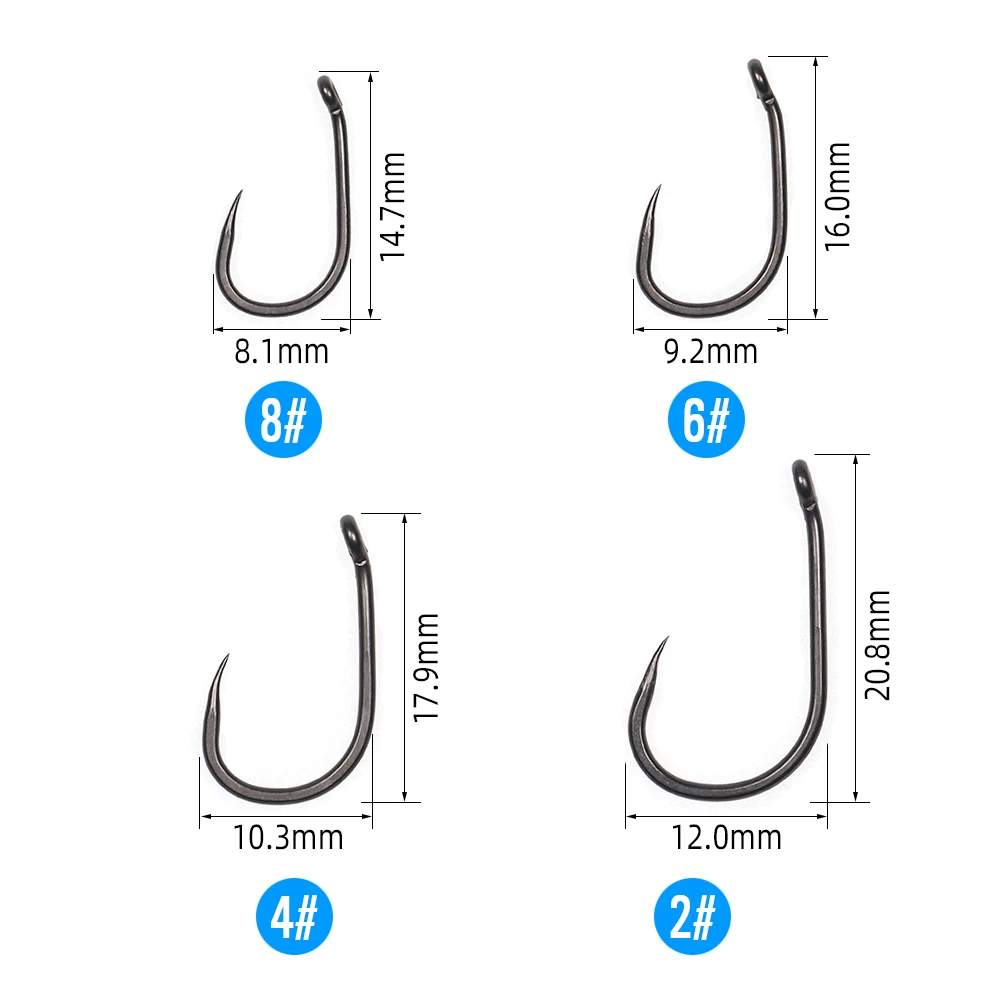 ICERIO 100 Uds. Anzuelo sin púas para pesca de carpa negro mate, ojo doblado, espacio ancho forjado, pelo de carpa fuerte/ganchos de aparejo Chod Zig sin púas - imagen 2