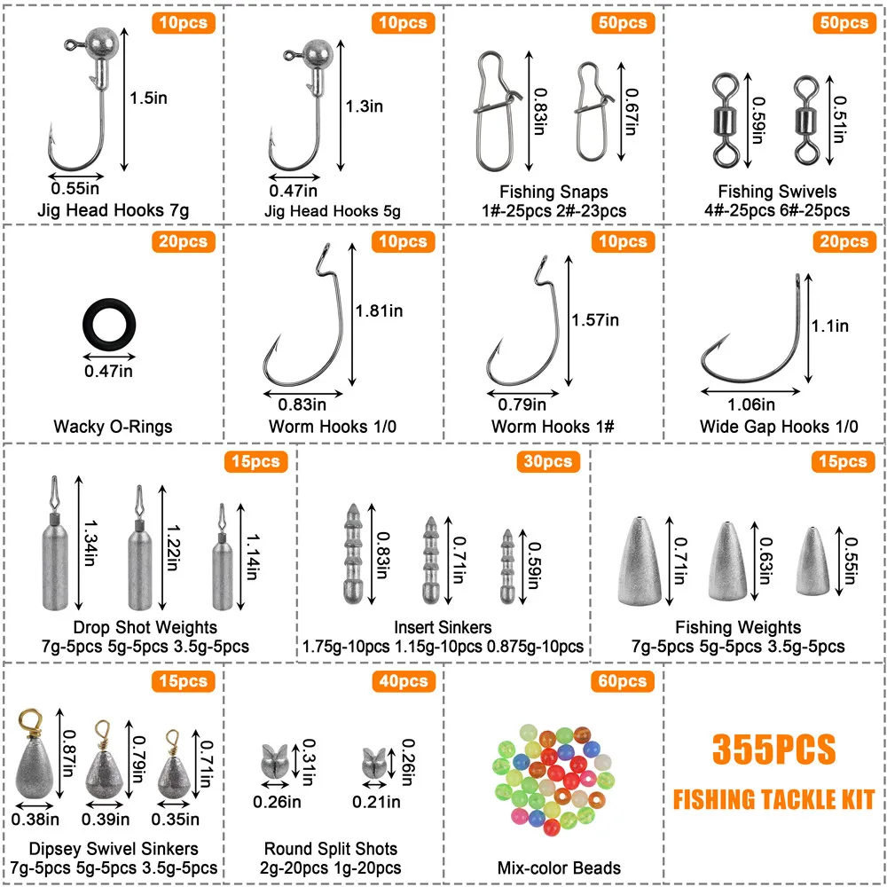 Kit de accesorios para equipo de pesca, caja de aparejos de pesca, anzuelos malvajes, cabeza de anzuelo giratoria, peso de tiro directo, 355 Uds. - imagen 2