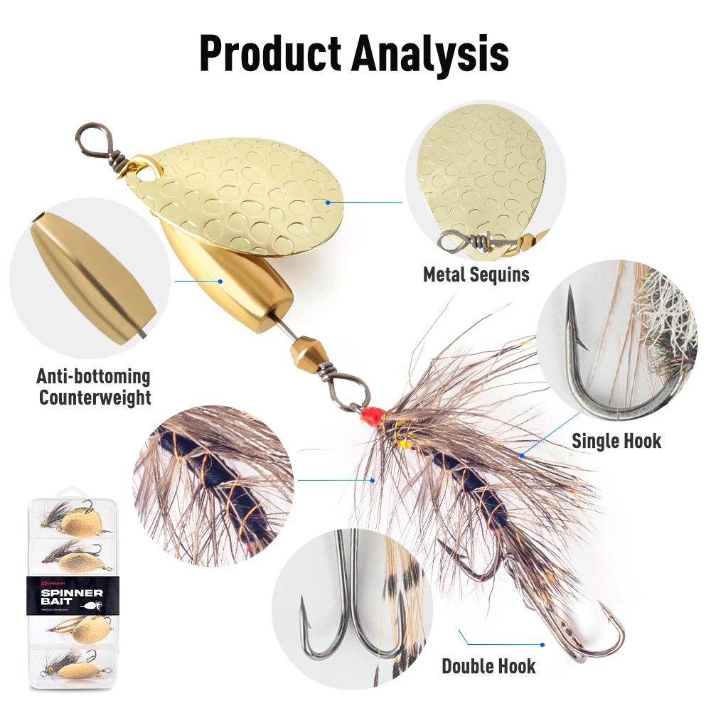 Kingdom Spinner Bait 5 unids/caja cuchara de Metal con anzuelo triple de plumas cebo de lentejuelas de Metal giratorio señuelo de pesca de Lucio Artificial - imagen 3