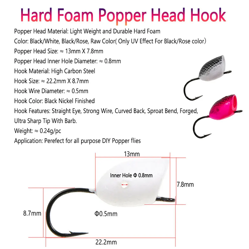 Bimoo-anzuelo de cabeza de Popper de espuma dura, Material de atado de moscas flotantes, cebo de pesca de trucha, 0,24g, 6 unidades - imagen 2