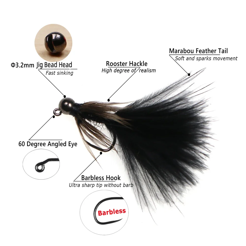 Wifreo 6PCS # 12 Jig Beadhead Bugger lanoso sin púas Jig ninfa serpentinas mosca para trucha salmón Lucio lubina pesca señuelo cebos - imagen 3